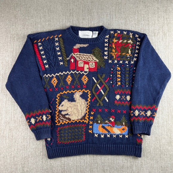 Northern Isles Sweaters - Portraits Northern Isles Sweater Womens M Navy Blue Hand Knit Cottagecore 90s